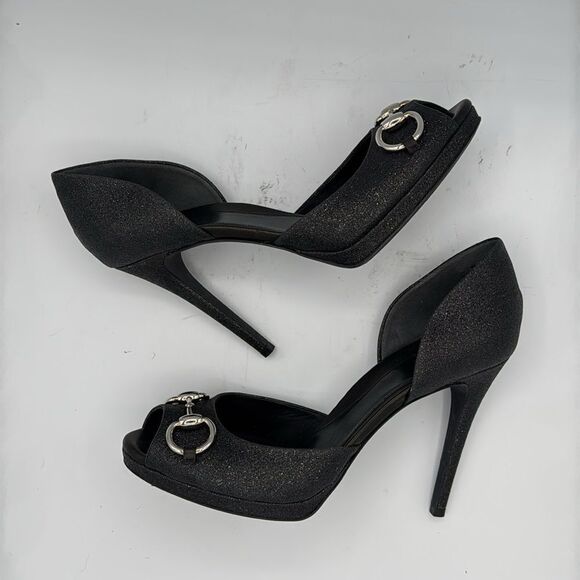 GUCCI Black Glitter Stardust Nappa Charlotte Nero Open Toe Pumps Size 38/ US 8 - Picture 7 of 12